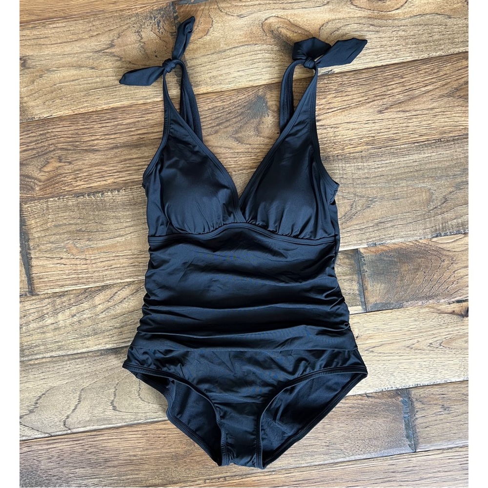 Jantzen Tie Shoulder Surplice One Piece Ruched Swimsuit Solid Black NWT Size 10
